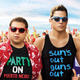 Crop of a poster of 22 Jump Street featuring Jonah Hill and Channing Tatum walking through a crowd.